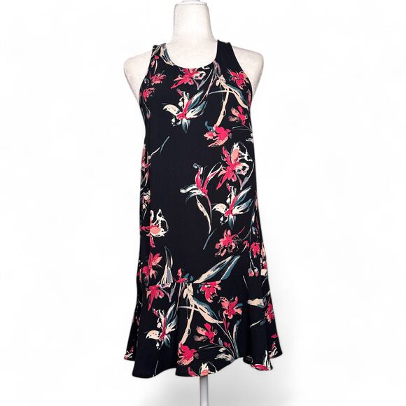 Leith Sleeveless Tropical Floral Flutter Hem Shift Mini Dress Black Small - Picture 1 of 9